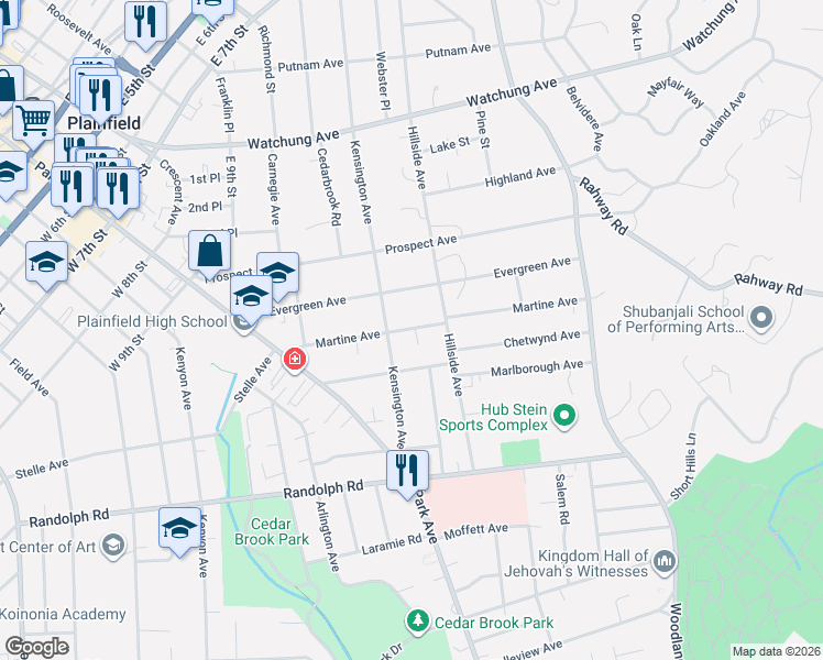 map of restaurants, bars, coffee shops, grocery stores, and more near 1212-20 Evergreen Avenue in Plainfield