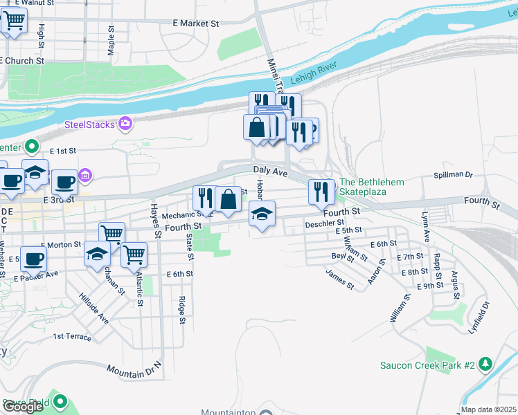 map of restaurants, bars, coffee shops, grocery stores, and more near 1183 Mechanic Street in Bethlehem