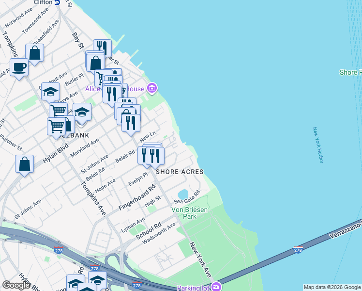 map of restaurants, bars, coffee shops, grocery stores, and more near 10 Search Lane in Staten Island