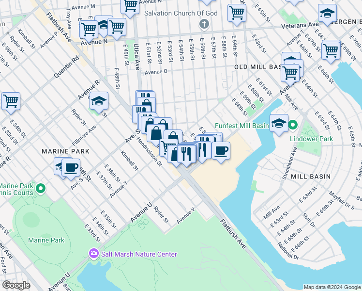 map of restaurants, bars, coffee shops, grocery stores, and more near 2017 East 53rd Street in Brooklyn