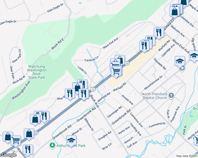 map of restaurants, bars, coffee shops, grocery stores, and more near 1300 Rock Avenue in Plainfield
