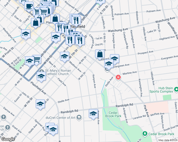 map of restaurants, bars, coffee shops, grocery stores, and more near 163-199 West 9th Street in Plainfield