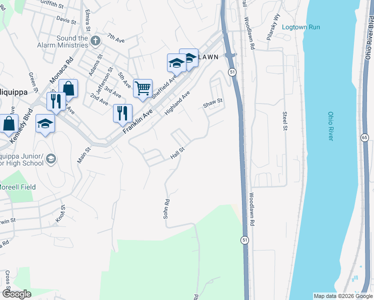 map of restaurants, bars, coffee shops, grocery stores, and more near 105 Major Street in Aliquippa