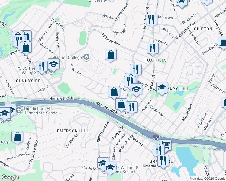 map of restaurants, bars, coffee shops, grocery stores, and more near 61 Longview Road in Staten Island