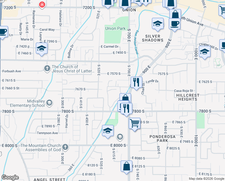 map of restaurants, bars, coffee shops, grocery stores, and more near 600 East Briarsprings Circle in Midvale