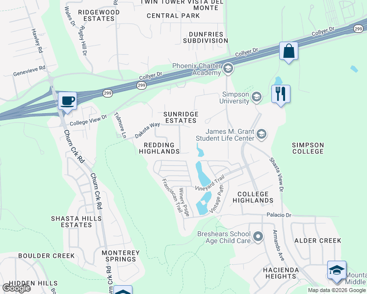 map of restaurants, bars, coffee shops, grocery stores, and more near 175 Danbury Drive in Redding