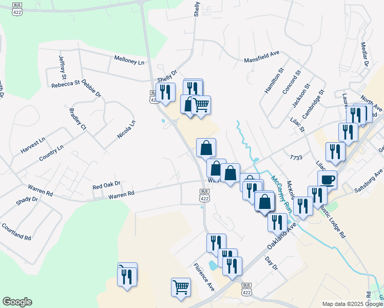 map of restaurants, bars, coffee shops, grocery stores, and more near 475 Ben Franklin Road South in Indiana