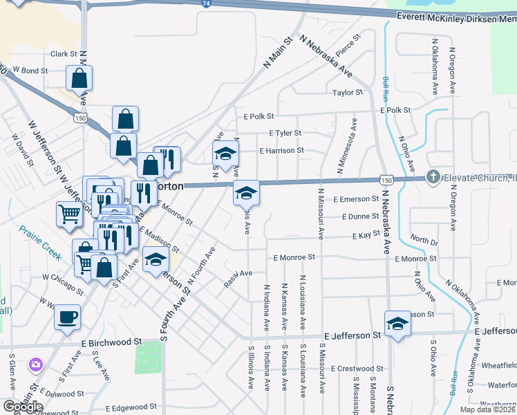 map of restaurants, bars, coffee shops, grocery stores, and more near 350 North Illinois Avenue in Morton