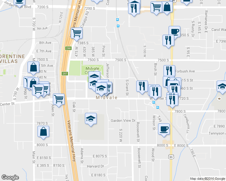 map of restaurants, bars, coffee shops, grocery stores, and more near 7645 South Lincoln Street in Midvale