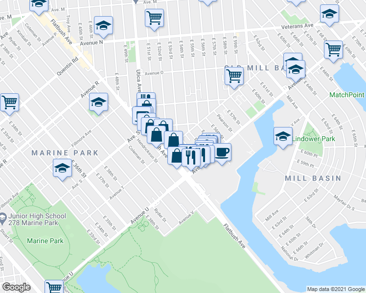 map of restaurants, bars, coffee shops, grocery stores, and more near 1883 East 53rd Street in Brooklyn