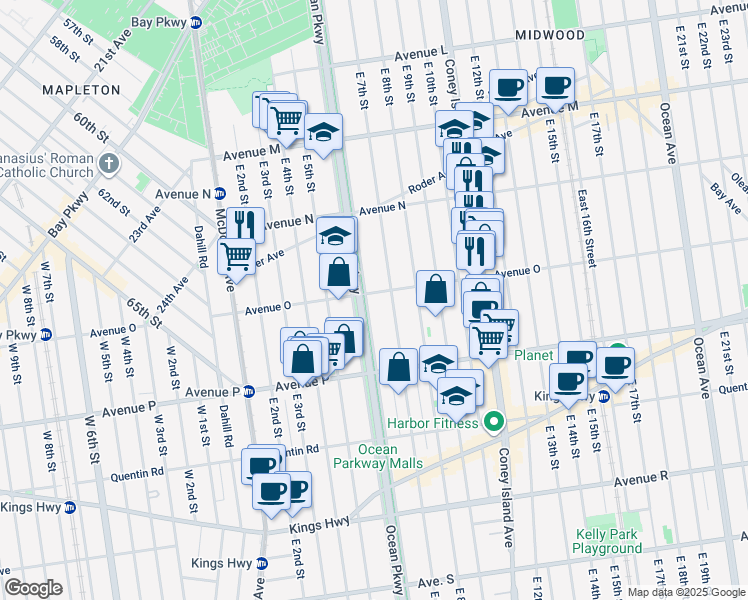 map of restaurants, bars, coffee shops, grocery stores, and more near 1481 Ocean Parkway Service Road in Brooklyn