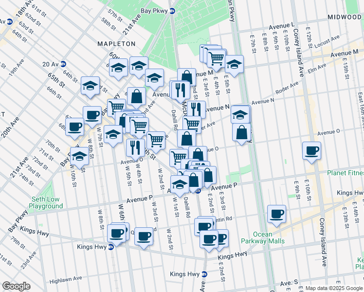 map of restaurants, bars, coffee shops, grocery stores, and more near 1654 McDonald Avenue in Brooklyn