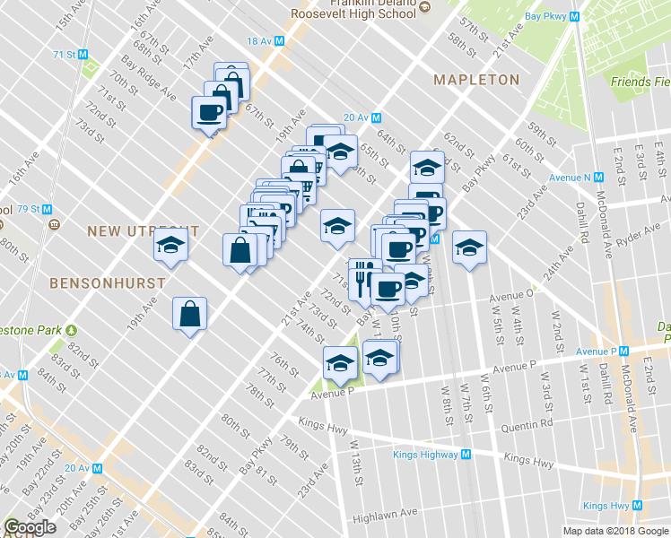 map of restaurants, bars, coffee shops, grocery stores, and more near 2062 70th Street in Brooklyn