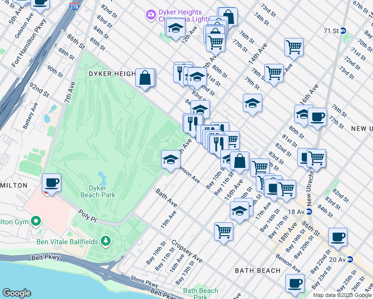 map of restaurants, bars, coffee shops, grocery stores, and more near 1359 86th Street in Brooklyn