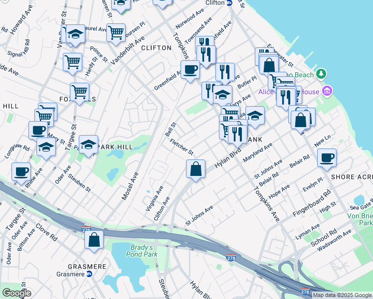 map of restaurants, bars, coffee shops, grocery stores, and more near 16 Amity Street in Staten Island