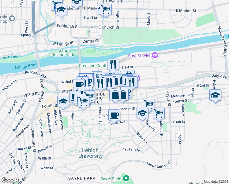 map of restaurants, bars, coffee shops, grocery stores, and more near 331-39 East 3rd Street in Bethlehem