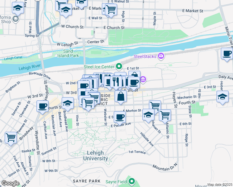 map of restaurants, bars, coffee shops, grocery stores, and more near 217 East 3rd Street in Bethlehem