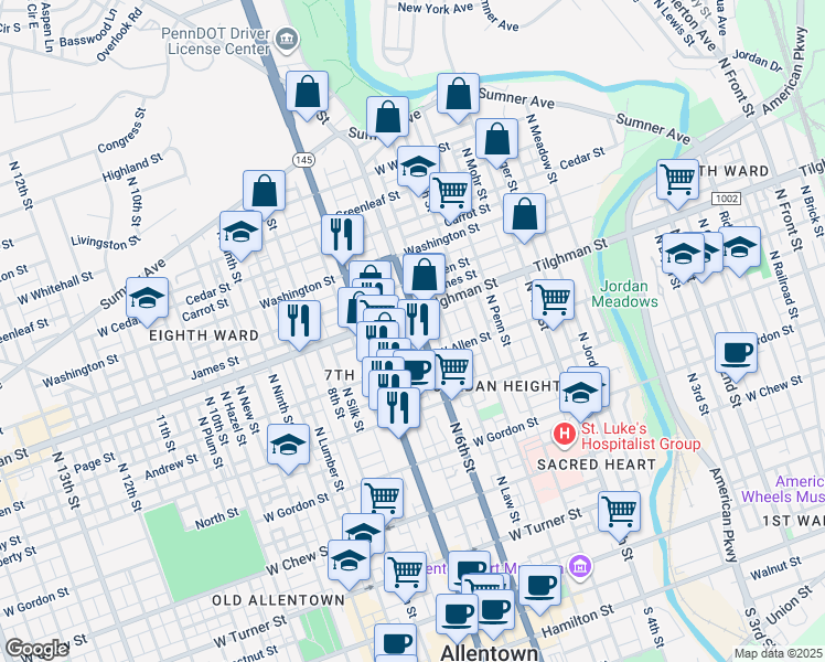 map of restaurants, bars, coffee shops, grocery stores, and more near 538 Tilghman Street in Allentown