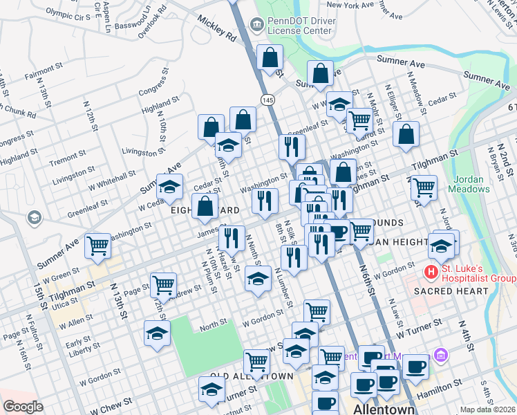 map of restaurants, bars, coffee shops, grocery stores, and more near 739 North Eighth Street in Allentown