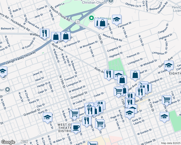map of restaurants, bars, coffee shops, grocery stores, and more near 1620 West Highland Street in Allentown