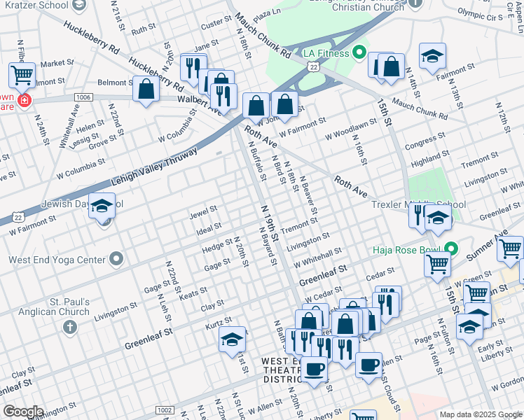 map of restaurants, bars, coffee shops, grocery stores, and more near 1131 North 19th Street in Allentown