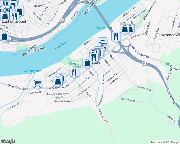 map of restaurants, bars, coffee shops, grocery stores, and more near 399 Church Alley in Chester