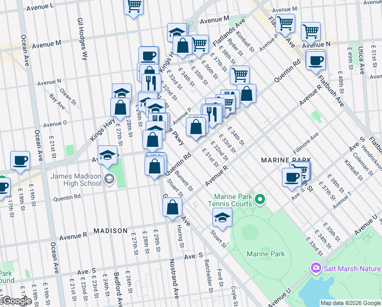 map of restaurants, bars, coffee shops, grocery stores, and more near Marine Parkway in Brooklyn