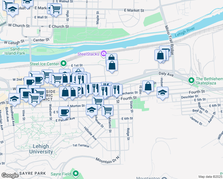 map of restaurants, bars, coffee shops, grocery stores, and more near 817 Evans Street in Bethlehem