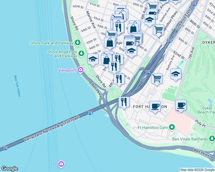 map of restaurants, bars, coffee shops, grocery stores, and more near 9967 Shore Road in Brooklyn