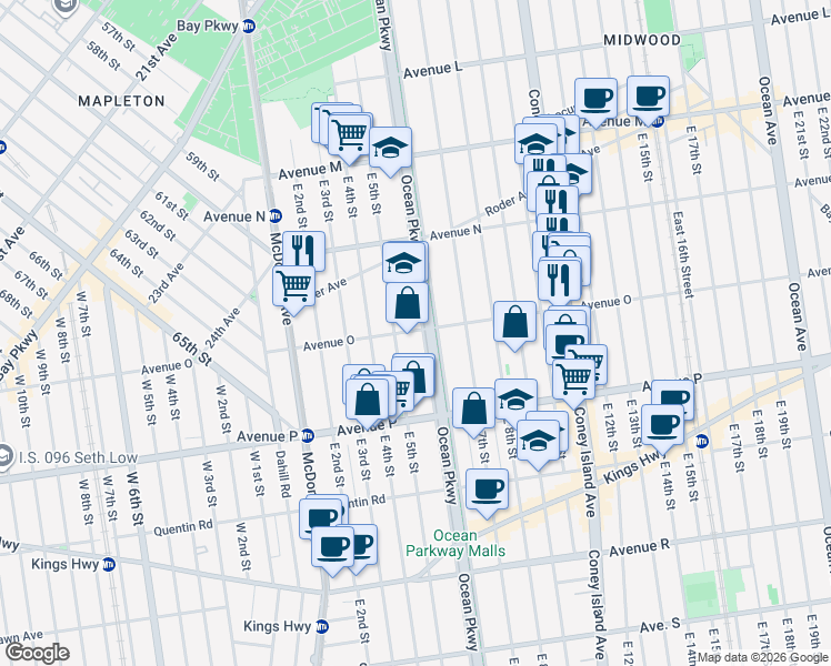 map of restaurants, bars, coffee shops, grocery stores, and more near 1481 Ocean Parkway Service Road in Brooklyn