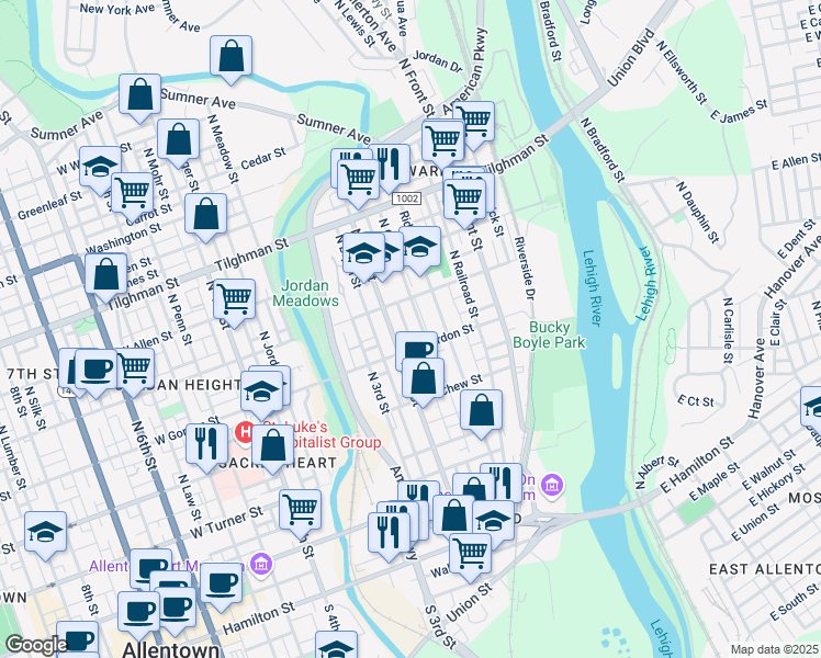 map of restaurants, bars, coffee shops, grocery stores, and more near 442 North Grant Street in Allentown