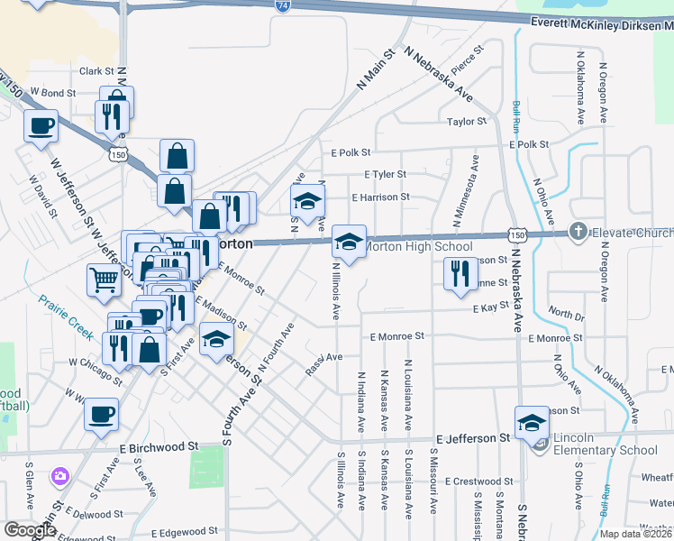 map of restaurants, bars, coffee shops, grocery stores, and more near 310 North Illinois Avenue in Morton