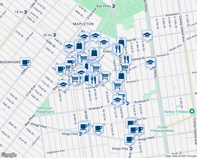 map of restaurants, bars, coffee shops, grocery stores, and more near 2351 64th Street in Brooklyn