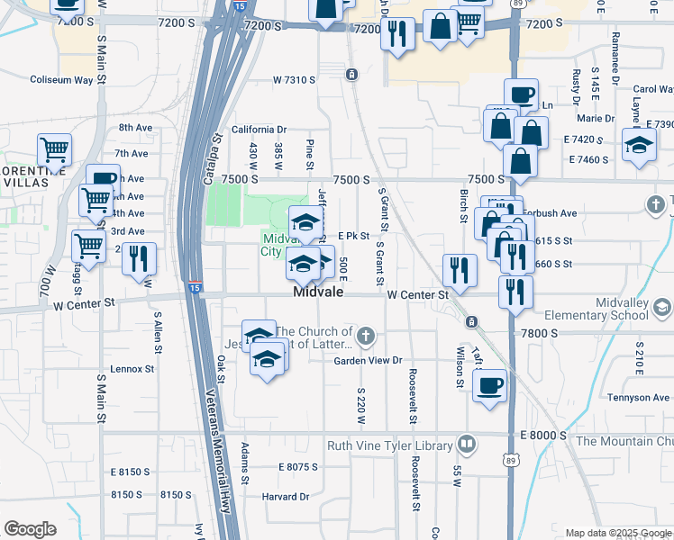 map of restaurants, bars, coffee shops, grocery stores, and more near 7680 North Lincoln Street in Midvale