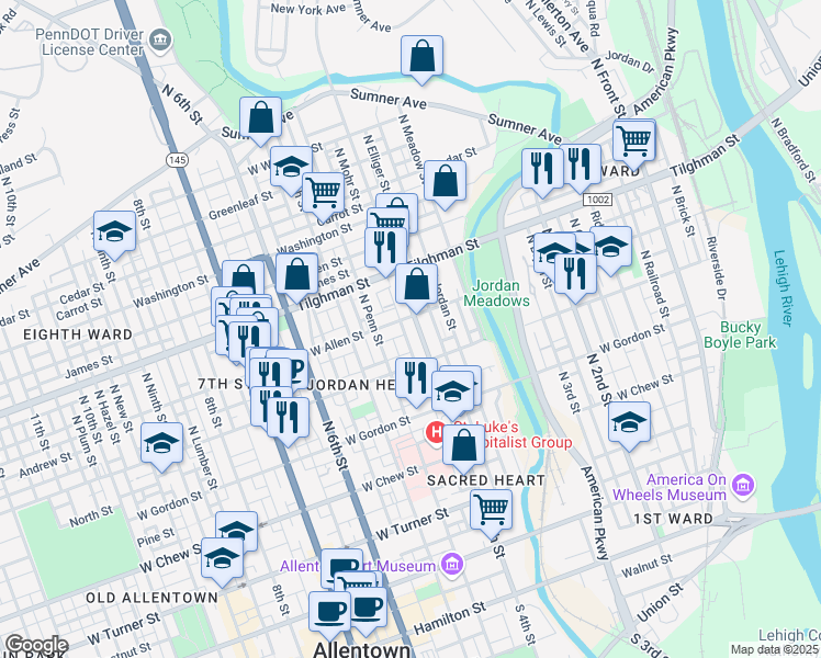 map of restaurants, bars, coffee shops, grocery stores, and more near 546 North 4th Street in Allentown