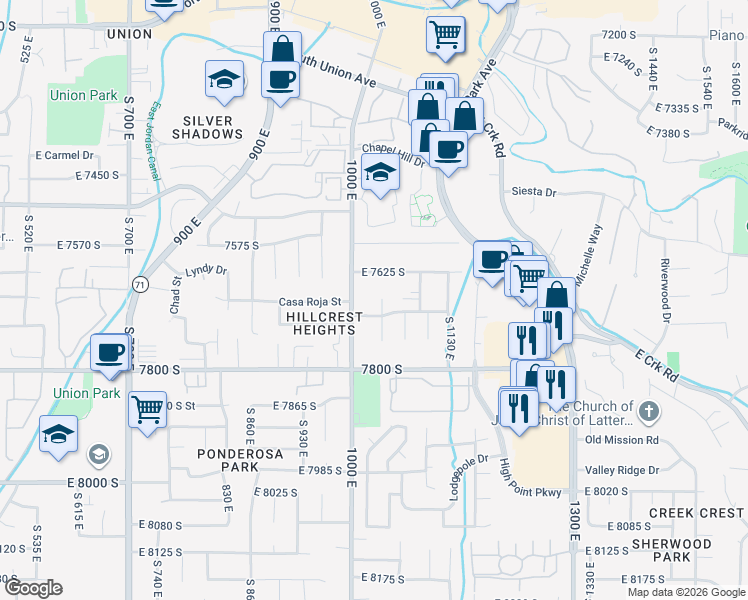map of restaurants, bars, coffee shops, grocery stores, and more near 7678 South 1040 East in Midvale