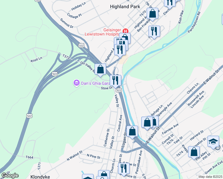 map of restaurants, bars, coffee shops, grocery stores, and more near 789 Valley Street in Lewistown