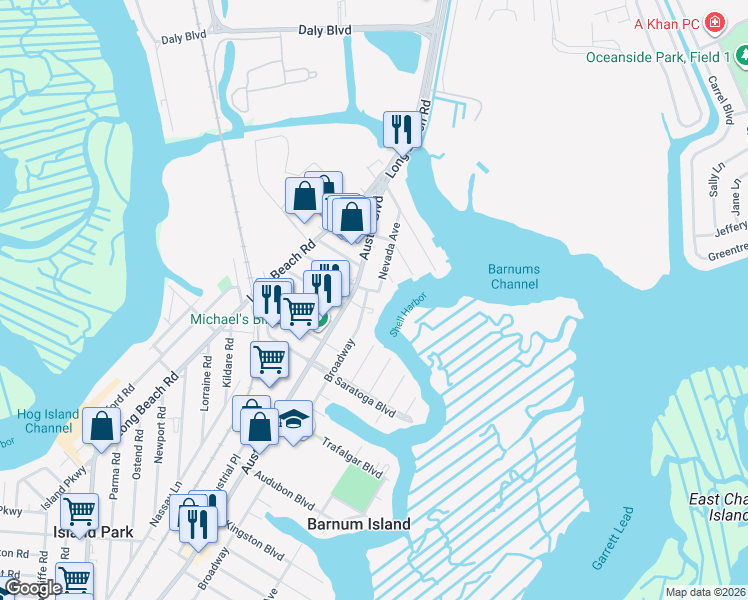 map of restaurants, bars, coffee shops, grocery stores, and more near 3970 Austin Boulevard in Island Park
