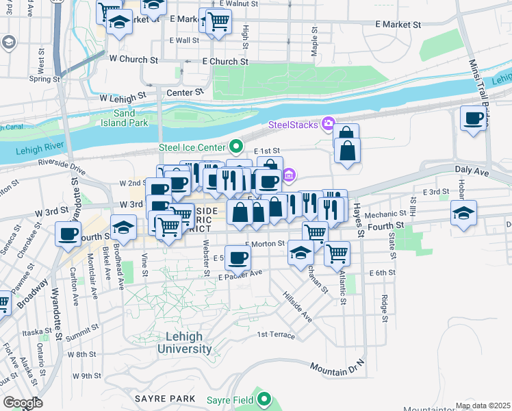 map of restaurants, bars, coffee shops, grocery stores, and more near 511 East 3rd Street in Bethlehem
