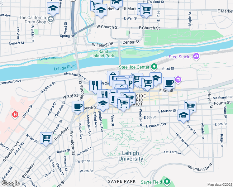 map of restaurants, bars, coffee shops, grocery stores, and more near 4 West 3rd Street in Bethlehem