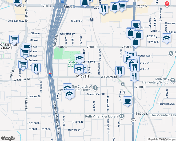 map of restaurants, bars, coffee shops, grocery stores, and more near 7645 South Lincoln Street in Midvale