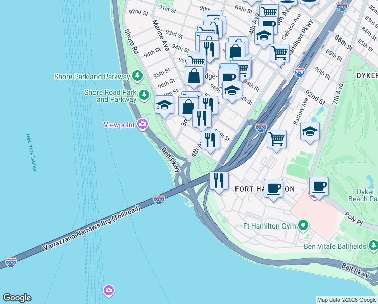 map of restaurants, bars, coffee shops, grocery stores, and more near 9967 Shore Road in Brooklyn