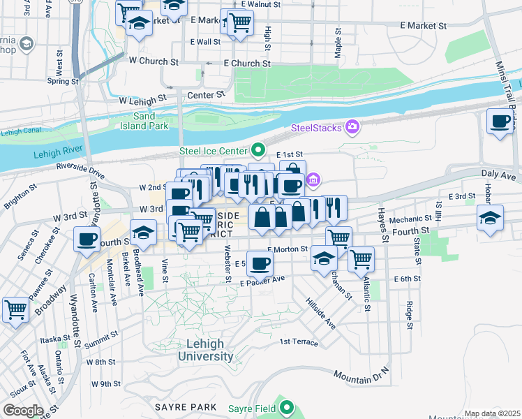 map of restaurants, bars, coffee shops, grocery stores, and more near 331-39 East 3rd Street in Bethlehem