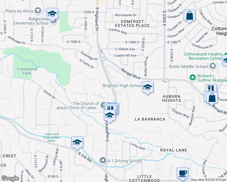 map of restaurants, bars, coffee shops, grocery stores, and more near 2105 Karin Court in Cottonwood Heights