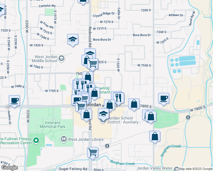 map of restaurants, bars, coffee shops, grocery stores, and more near 7632 Sunrise Place East in West Jordan