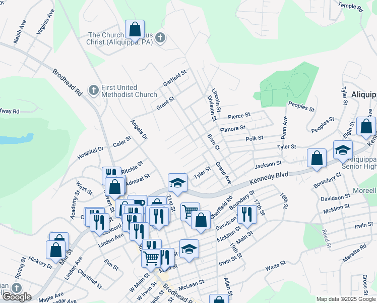 map of restaurants, bars, coffee shops, grocery stores, and more near 1809 Filmore Street in Aliquippa