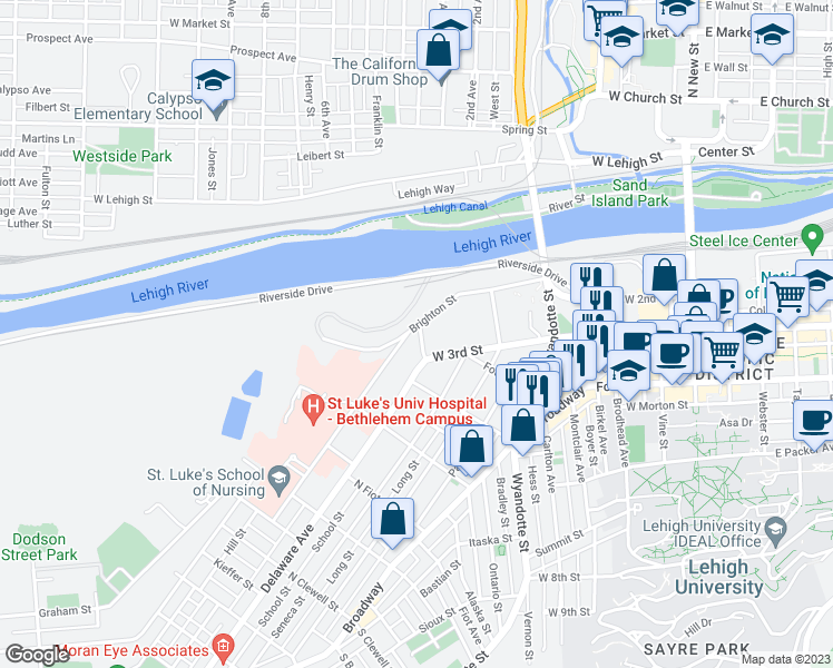 map of restaurants, bars, coffee shops, grocery stores, and more near 238 Uncas Street in Bethlehem