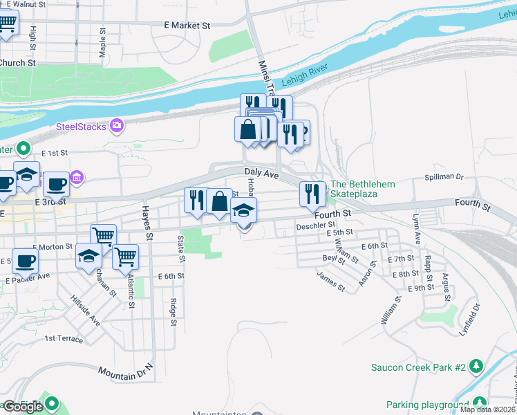 map of restaurants, bars, coffee shops, grocery stores, and more near 300 Hobart Street in Bethlehem