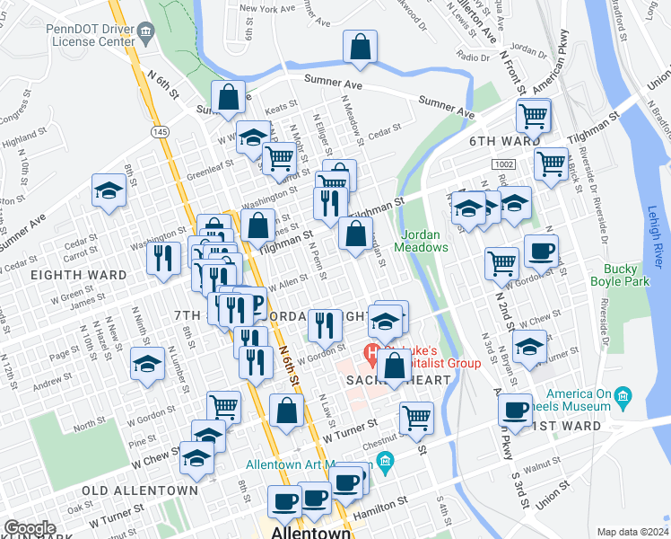 map of restaurants, bars, coffee shops, grocery stores, and more near 418 West Allen Street in Allentown