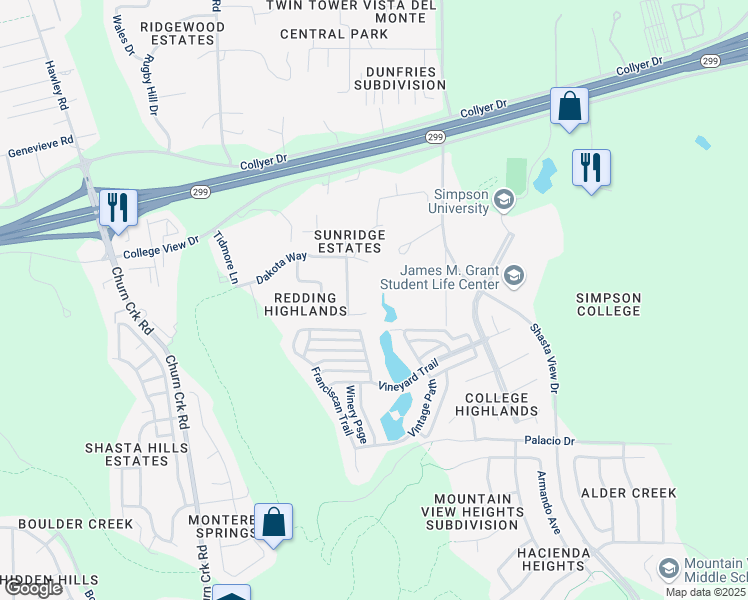 map of restaurants, bars, coffee shops, grocery stores, and more near 266 Sunridge Drive in Redding